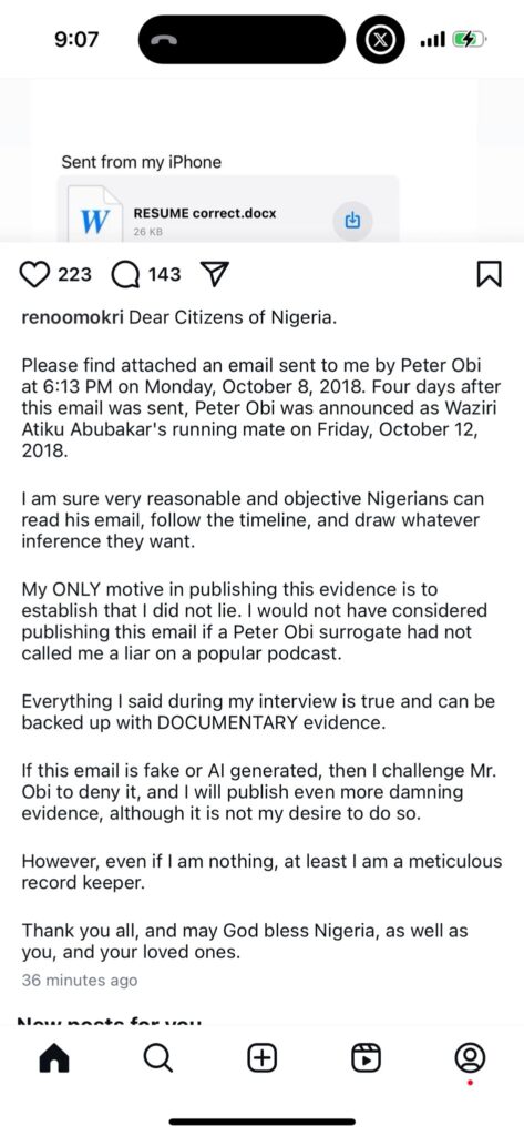 Reno Omokri Releases Mail Peter Obi sent him in 2018 to back up his claim of Making Obi Atiku's running mate