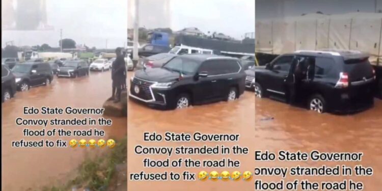 Residents mocks Gov Okpebholo as his convoy got trapped in the flood in Edo