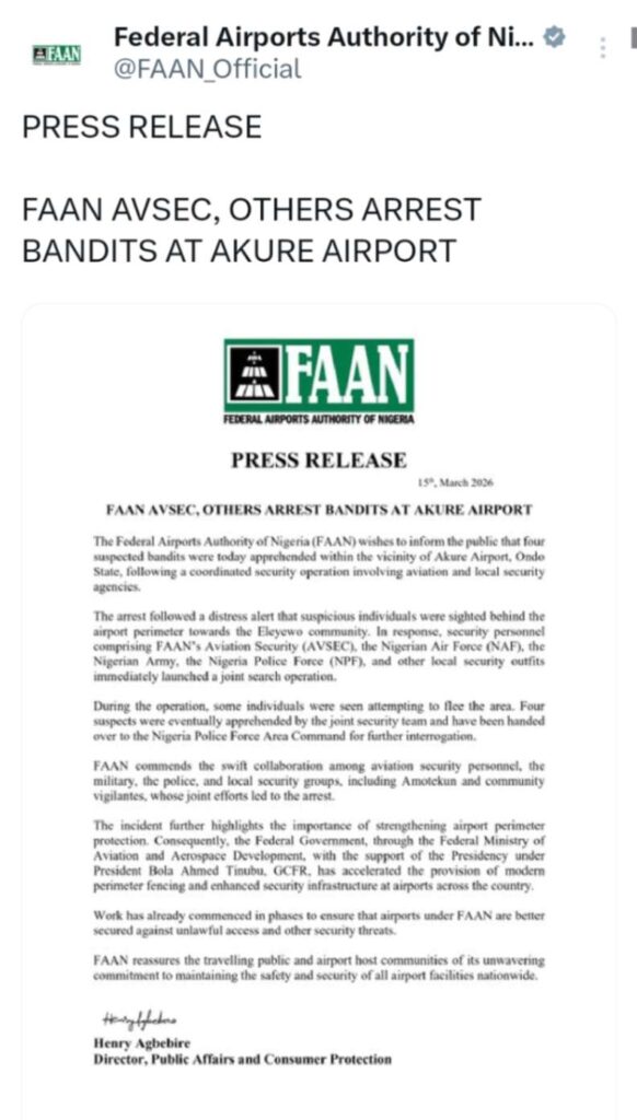 Panic at Akure Airport as Armed Bandits Attempt to Hijack Aircraft, Four Arrested