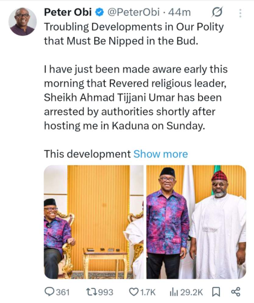 Outrage as Islamic Cleric Is Arrested After Hosting Peter Obi in Kaduna