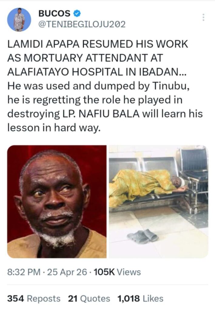 Lamidi Apapa ex-Labour Party Factional Chairman Returns to Former Job as Mortuary Attendant
