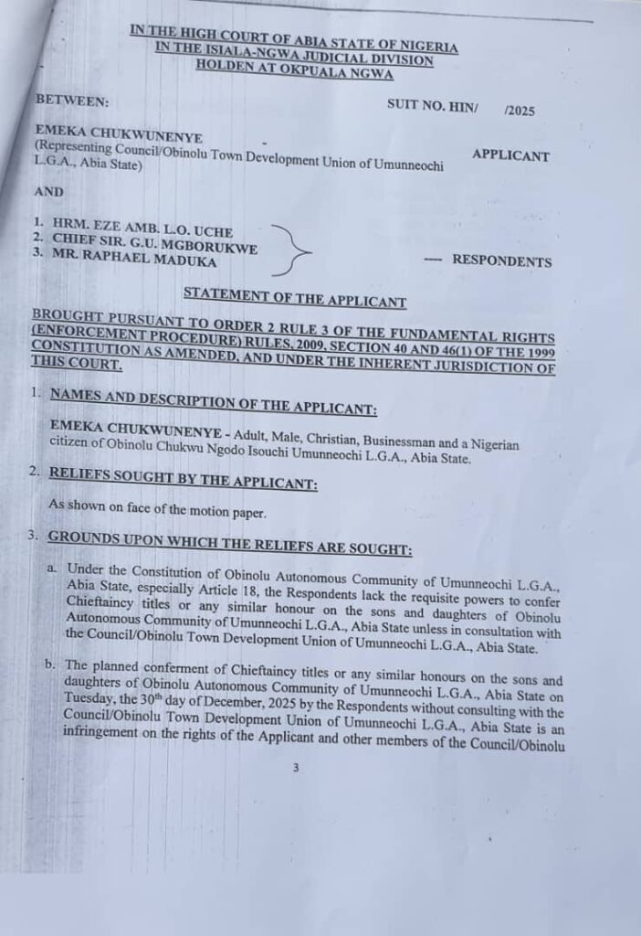 Traditional Ruler and Town Union Clash Over Chieftaincy Conferment in Obinolu Autonomous Community, Umunneochi 4 IMG 20260608 WA0010