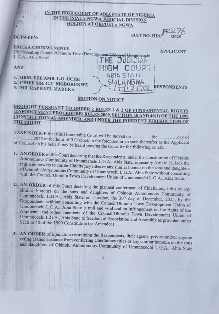 Traditional Ruler and Town Union Clash Over Chieftaincy Conferment in Obinolu Autonomous Community, Umunneochi