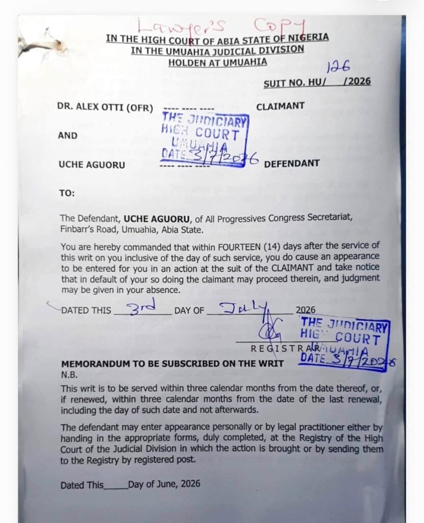 Otti Slams ₦5bn Defamation Suit Against APC Publicity Secretary Uche Aguoru 2 Otti Slams ₦5bn Defamation Suit Against APC Publicity Secretary Uche Aguoru