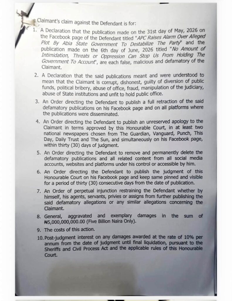 Otti Slams ₦5bn Defamation Suit Against APC Publicity Secretary Uche Aguoru 4 Otti Slams ₦5bn Defamation Suit Against APC Publicity Secretary Uche Aguoru