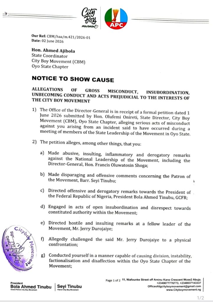 City Boy Movement Sacks Oyo State Coordinator, Ahmed Ajibola Over Misconduct
