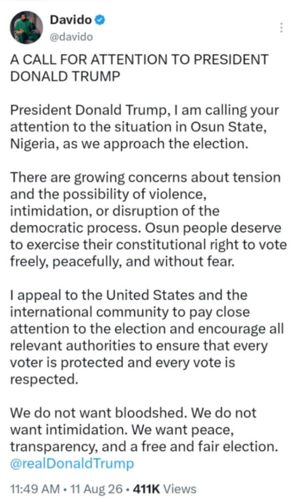 Davido Writes Trump, Raises Alarm Over Possible Violence in Osun Election