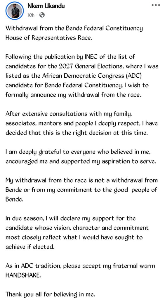 2027: ADC Bende Reps Candidate Nkem Ukandu Withdraws From Race