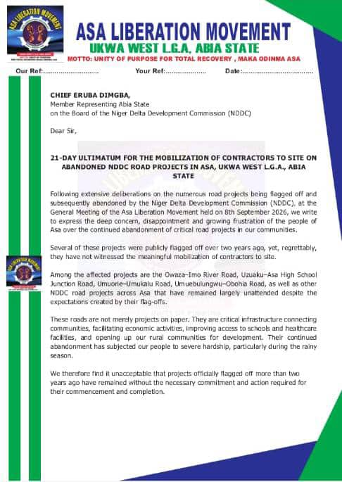 ASA Liberation Movement Gives NDDC 21-Day Ultimatum to Mobilise Contractors to Abandoned Road Projects