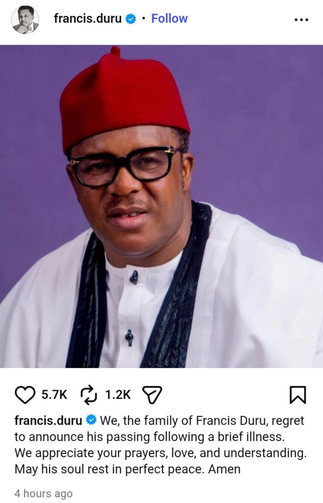 Nollywood Actor Francis Duru Dies at 57 After Brief Illness